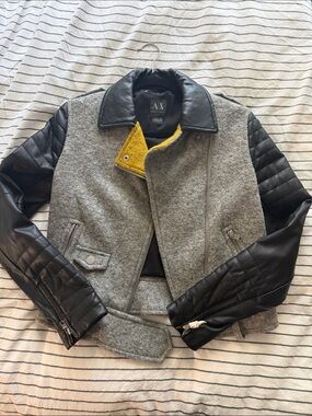 Armani Exchange Gray Wool & Black Faux-Leather Bomber with Yellow Trim